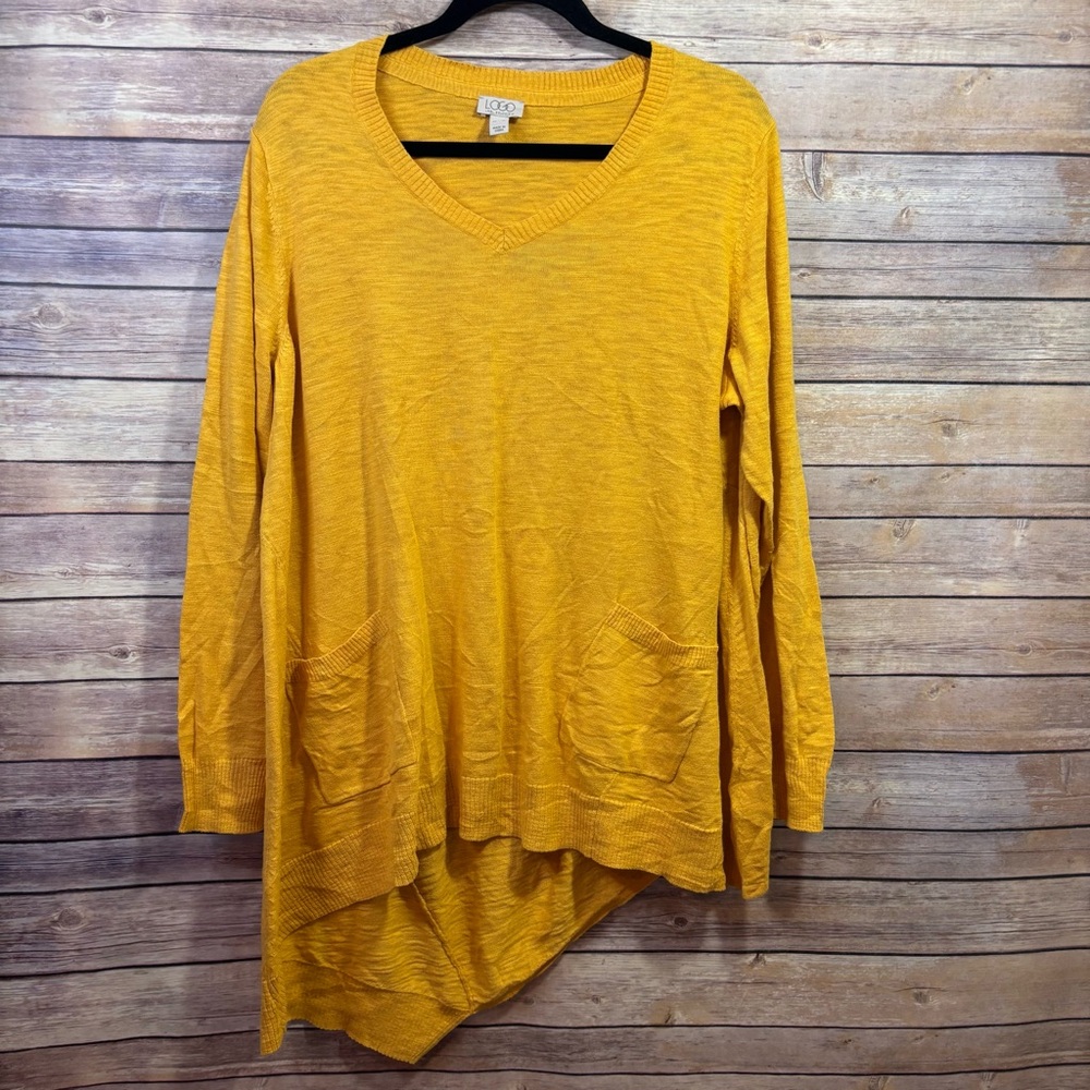 LOGO by Lori Goldstein Slub V-neck Tunic Sweater Asymmetrical Hem Size XL